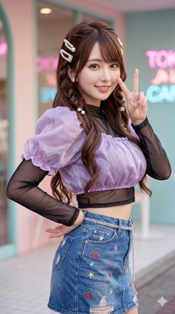 A cute woman with long brown hair and a purple top poses with a peace sign on a city street.