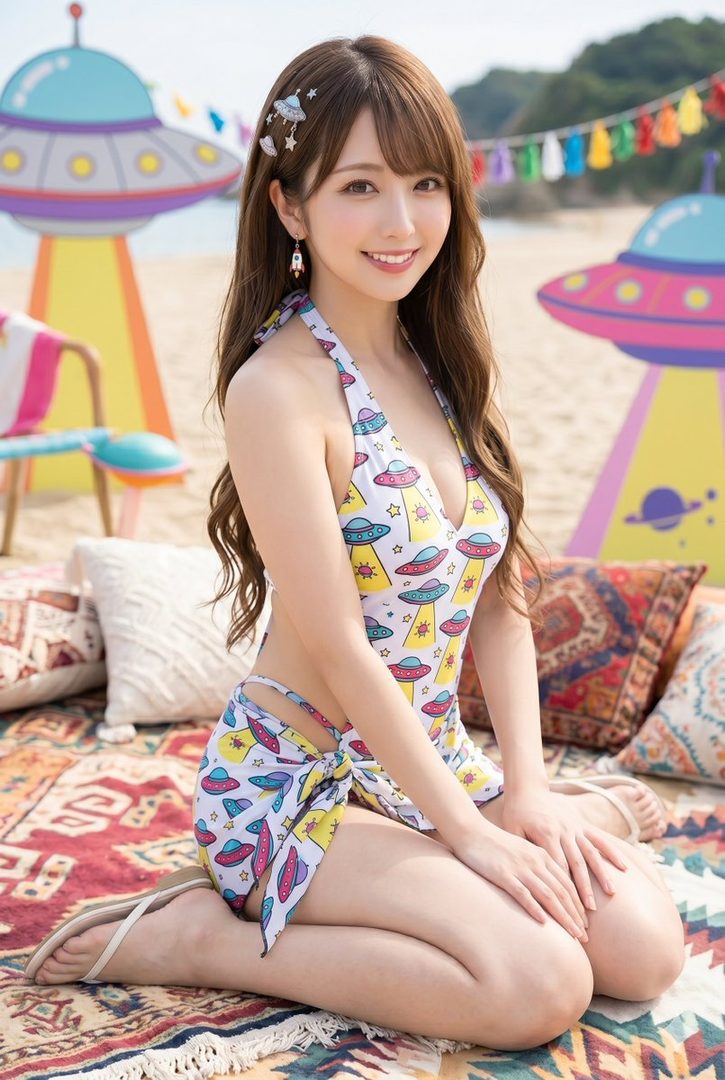 A smiling woman with long brown hair and bangs kneels on a patterned rug on a beach, wearing a white swimsuit with a colorful UFO pattern, with large UFO decorations in the background.