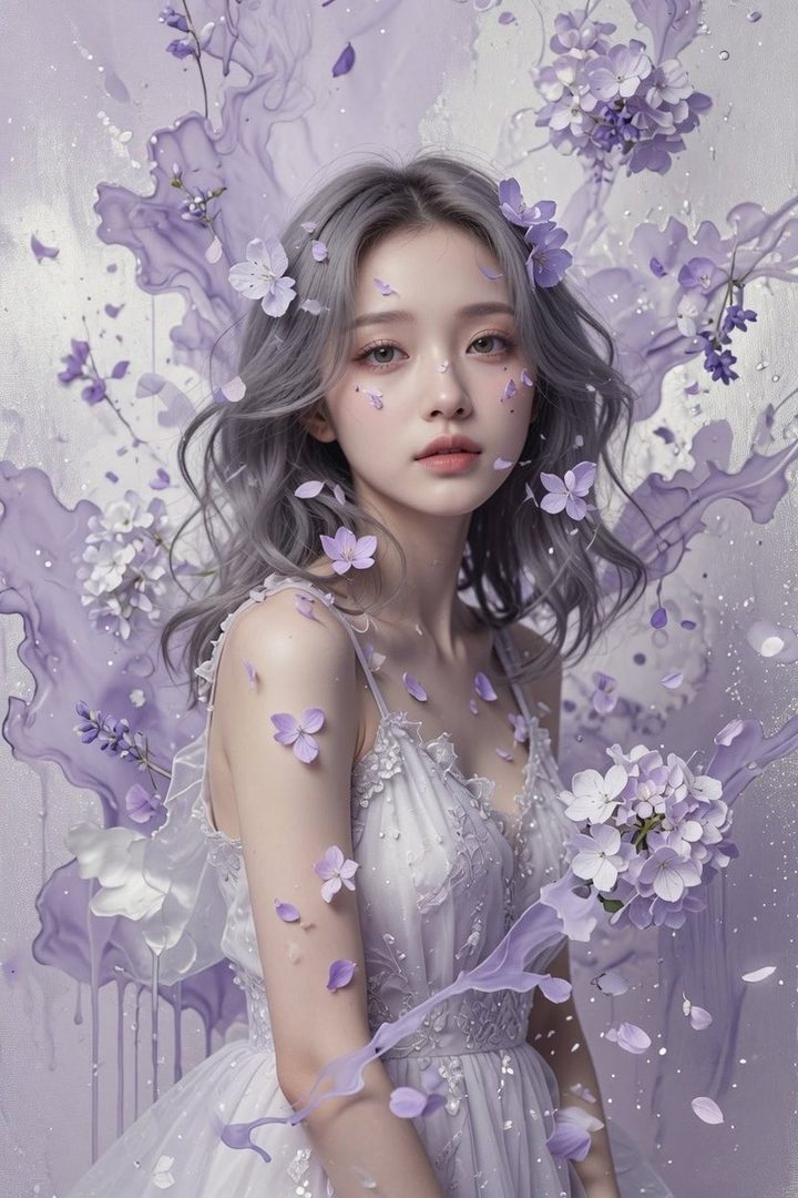 A beautiful woman with silver hair and a lavender dress is surrounded by floating purple flowers and petals in a dreamy, ethereal setting.
