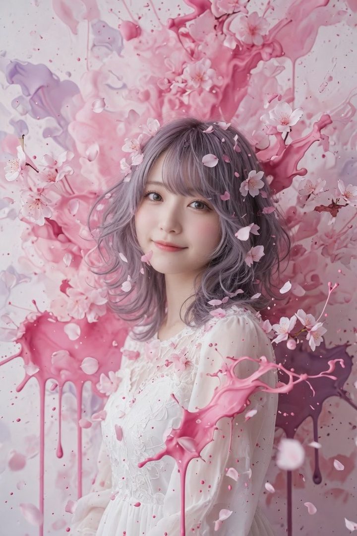 A beautiful woman with lavender hair and a white lace dress smiles gently amidst a background of pink and purple paint splatters and cherry blossoms.