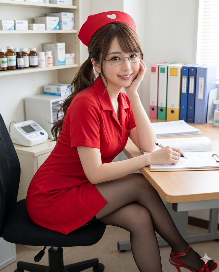 A smiling woman in a red dress and nurse's cap sits at a desk, holding a pen and resting her chin on her hand.