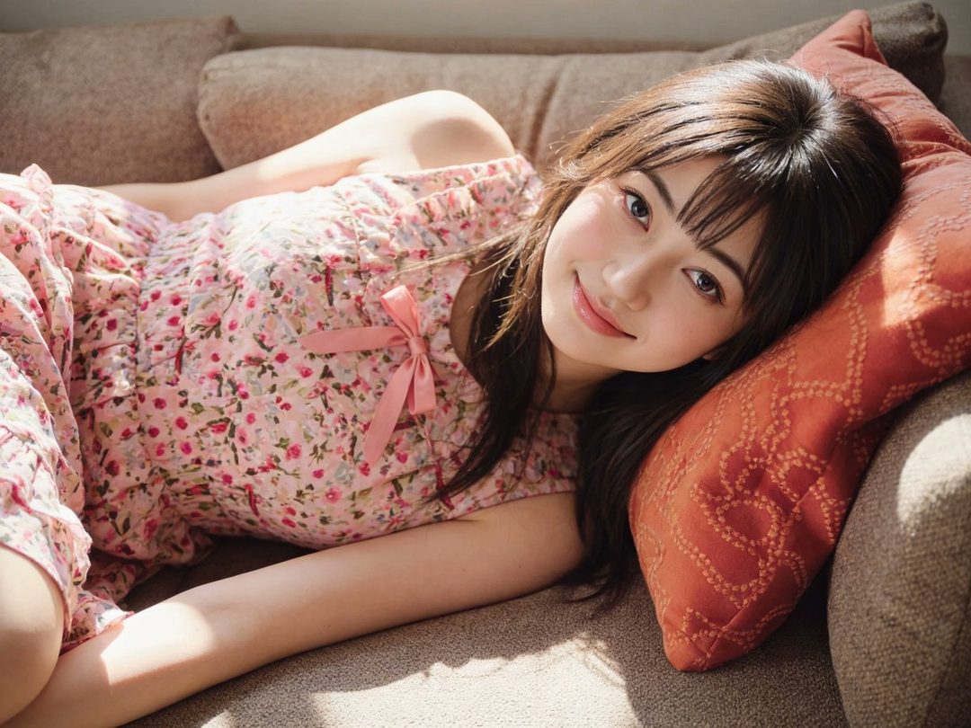 A young woman with long brown hair and bangs, wearing a pink floral dress, smiles softly while lying on a sofa indoors.