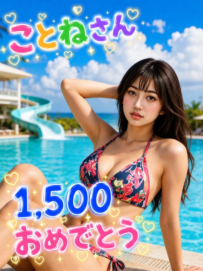 A beautiful woman in a floral bikini poses by a swimming pool with a water slide in the background.