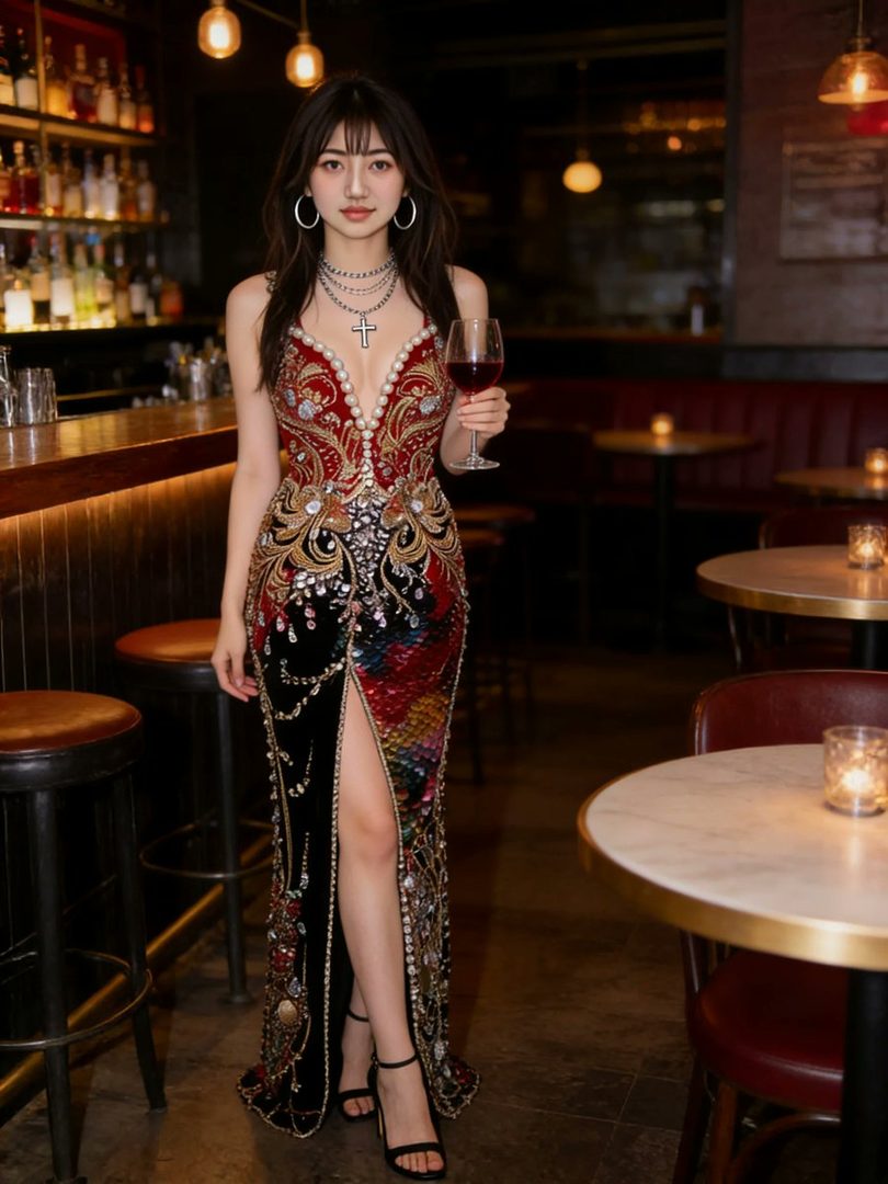 A woman in an ornate, long, red and black dress with a high slit stands in a dimly lit bar, holding a glass of red wine.