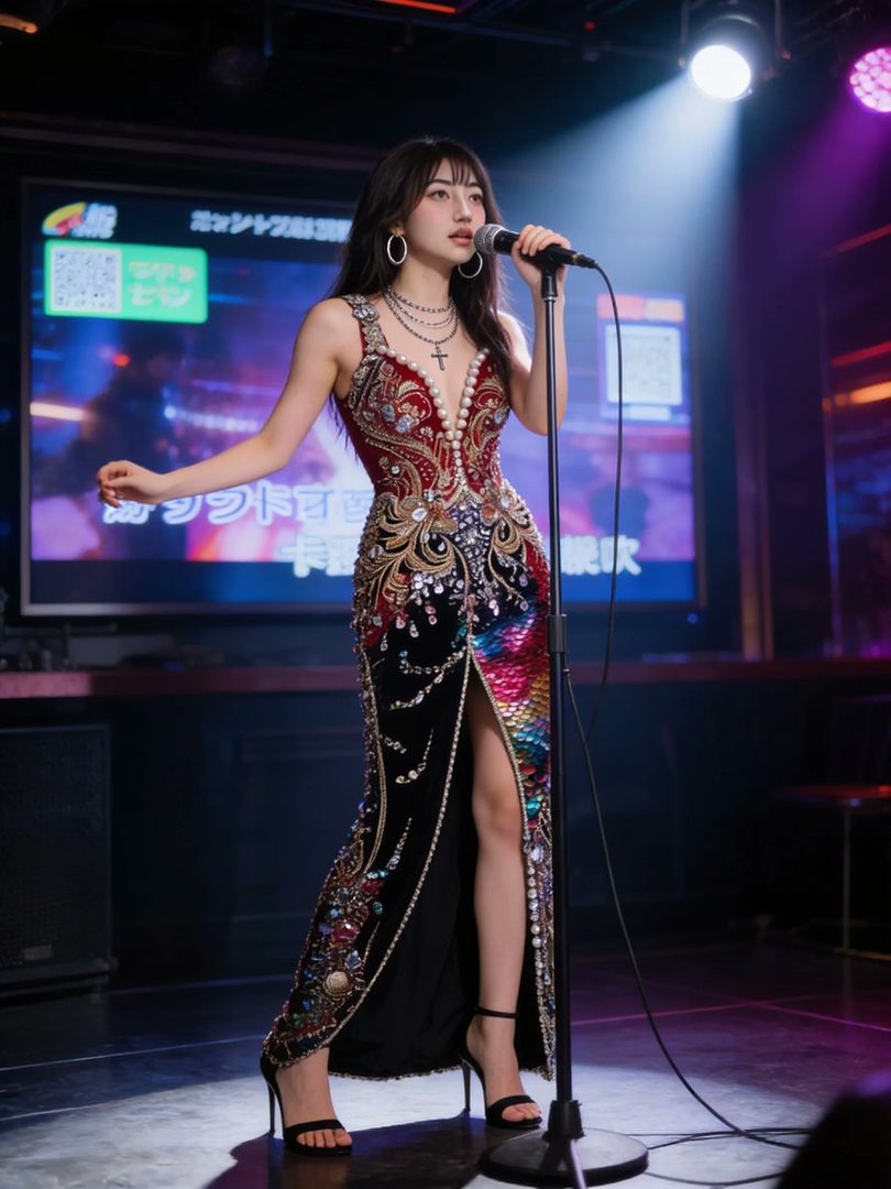 A woman with long black hair wearing an ornate, sequined dress with a deep V-neck stands on a stage holding a microphone, illuminated by a spotlight.