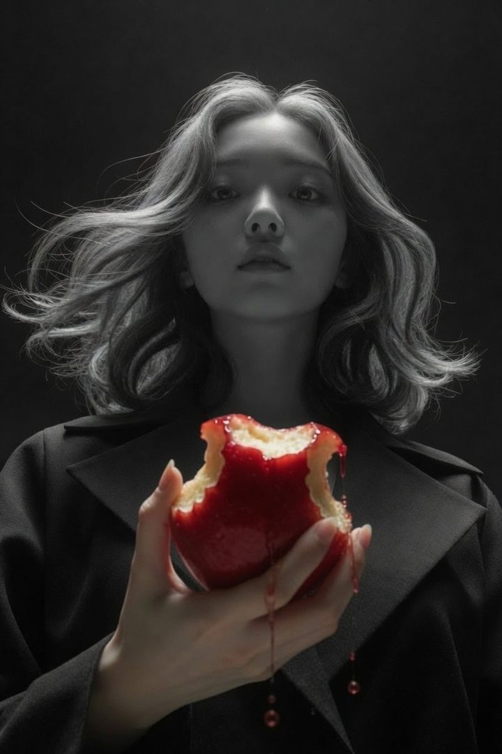 A mysterious woman with silver wavy hair and a black coat holds a bitten red apple, with the image in selective color against a dark background.