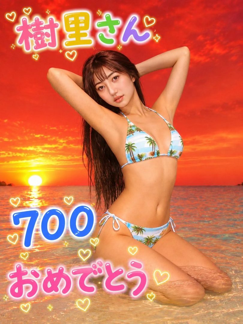 A woman in a palm tree print bikini kneels in shallow water on a beach at sunset.