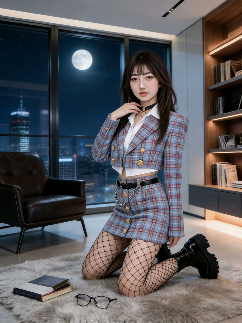 A young woman in a plaid skirt suit and fishnet stockings kneels on a rug in a modern room with a city night view and full moon outside the window.