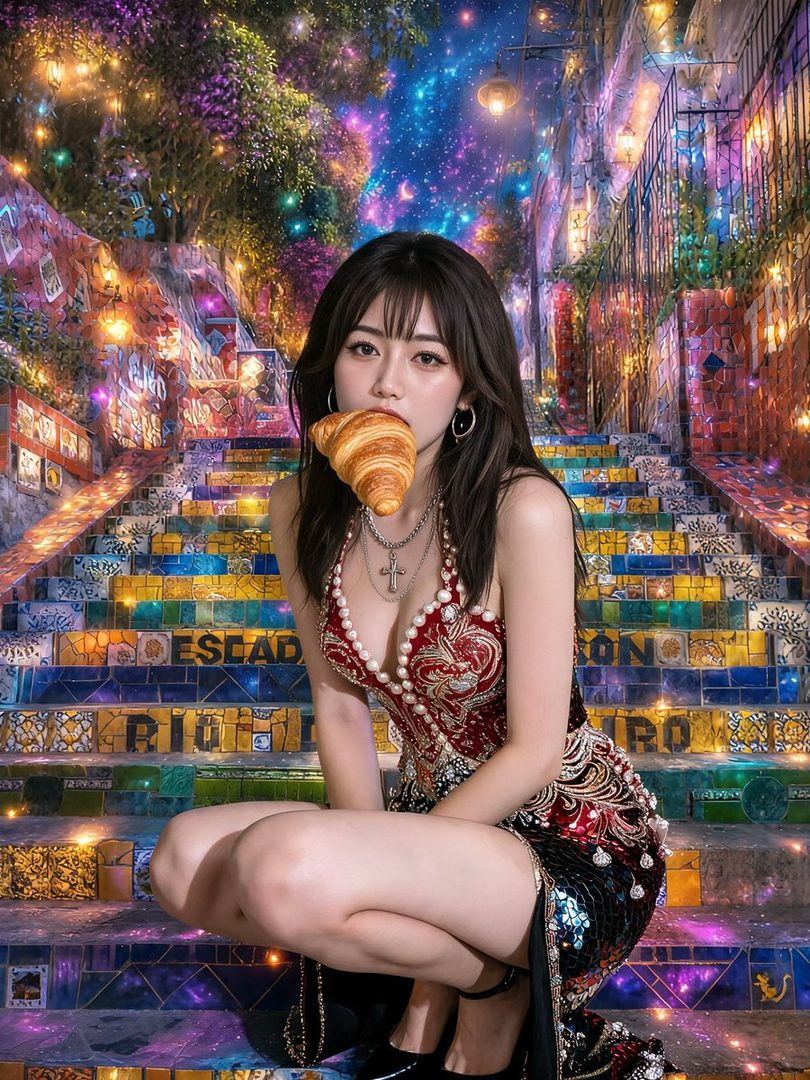 A woman in a sequined dress crouches on a mosaic staircase at night, holding a croissant in her mouth.