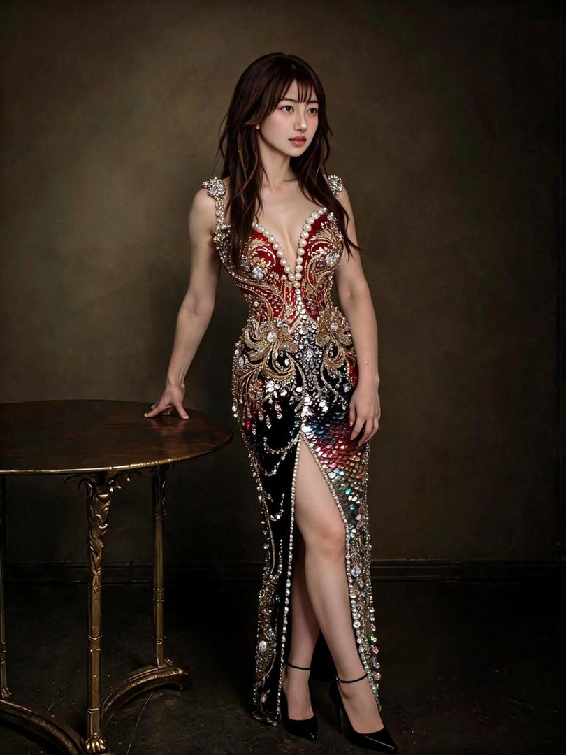 A woman with long brown hair wears an ornate, jewel-encrusted red and black gown with a high slit, posing elegantly next to a small table.