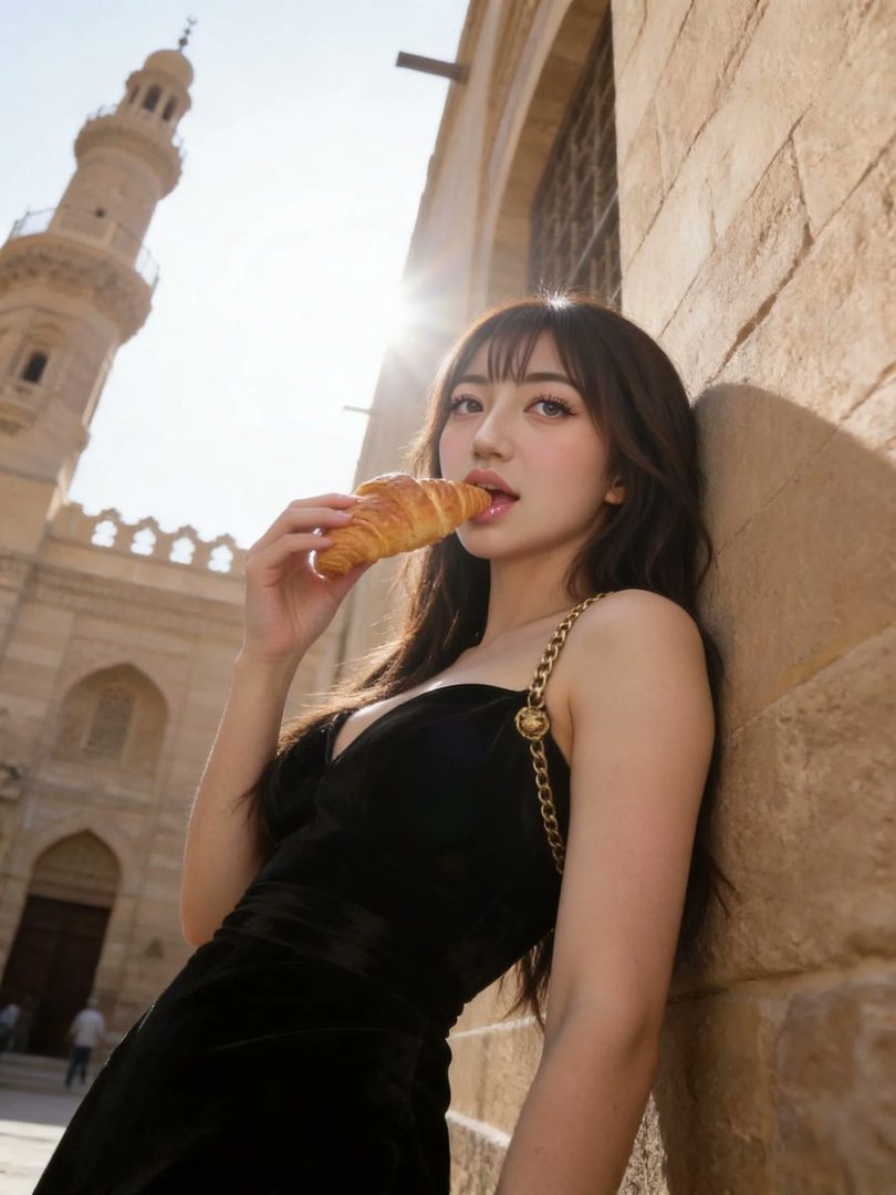 A woman with long brown hair and bangs, wearing a black dress, leans against a stone wall while eating a croissant outdoors with a minaret in the background.