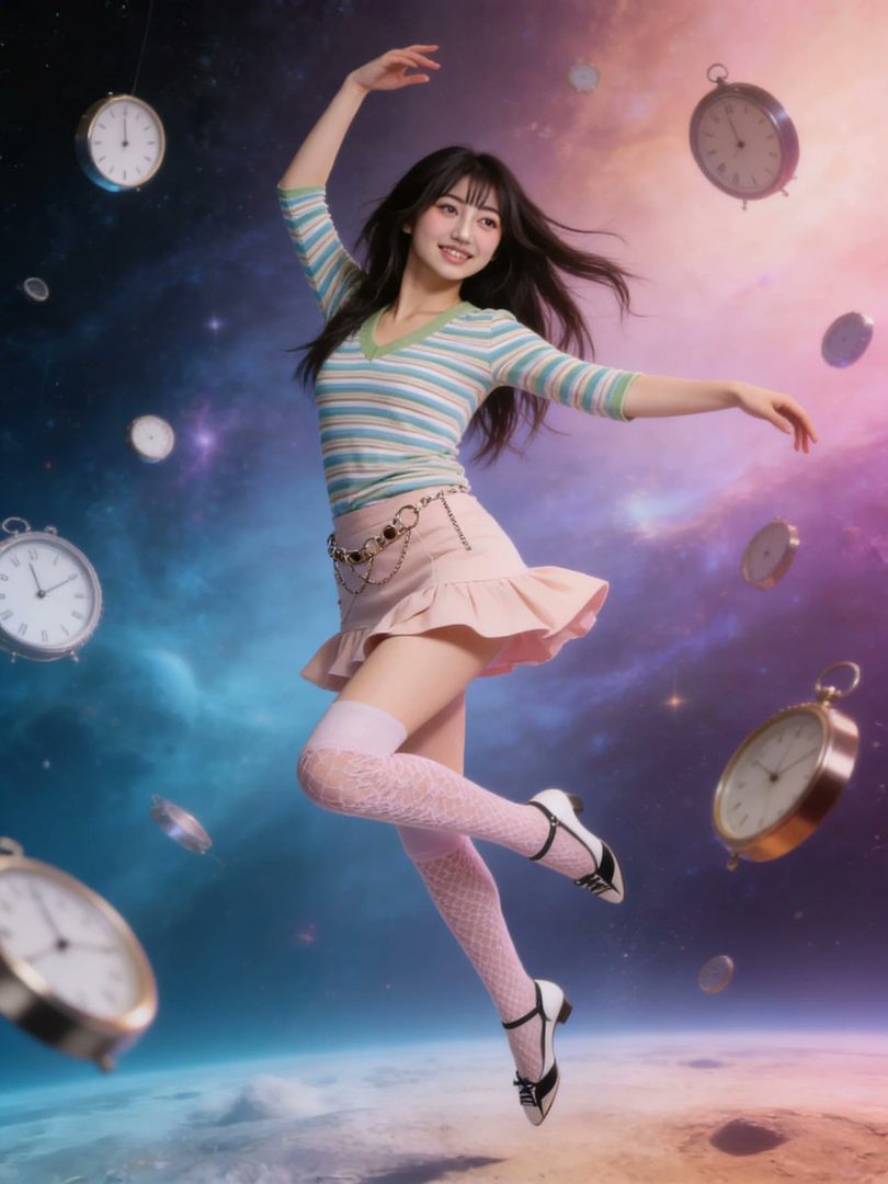 A young woman with long black hair, wearing a striped top and pink skirt, floats in a cosmic scene surrounded by clocks.