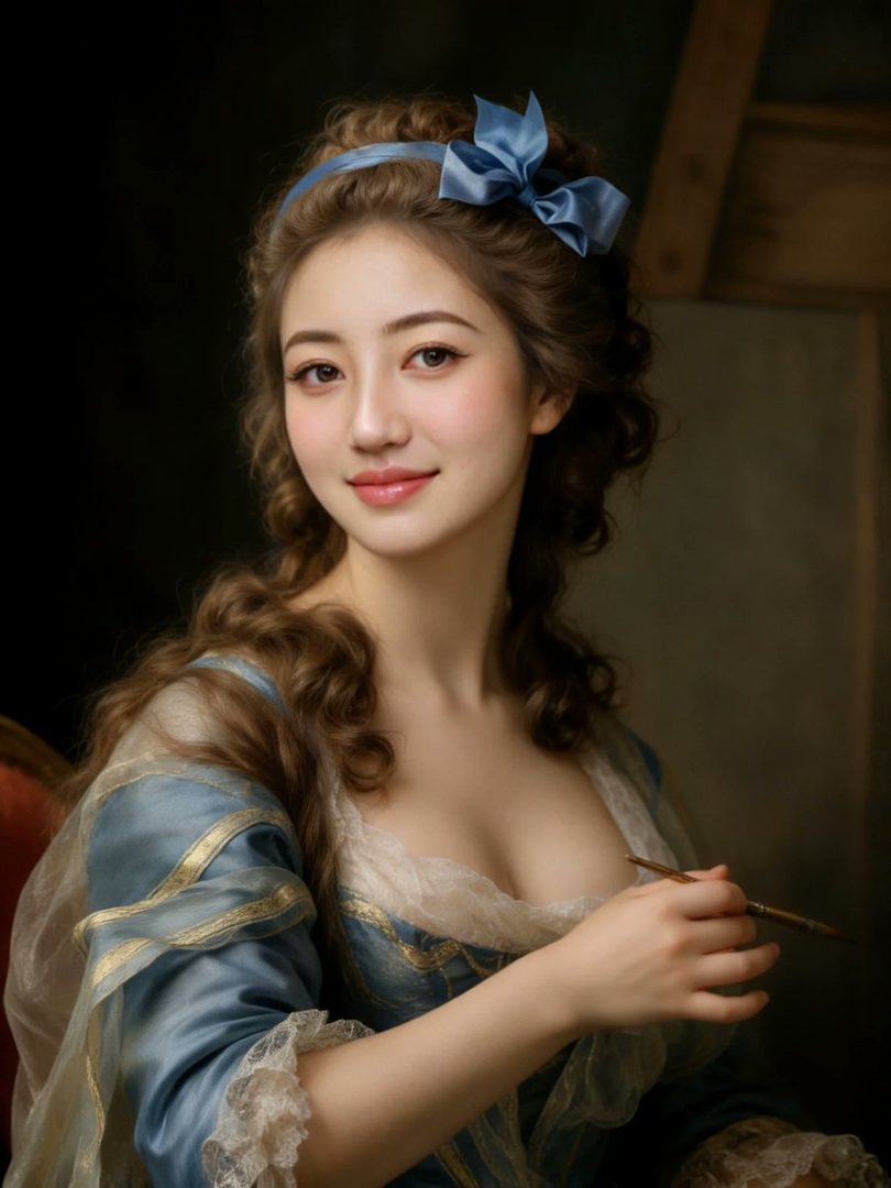 A photorealistic portrait of a woman with brown curly hair wearing a blue historical dress, holding a paintbrush.