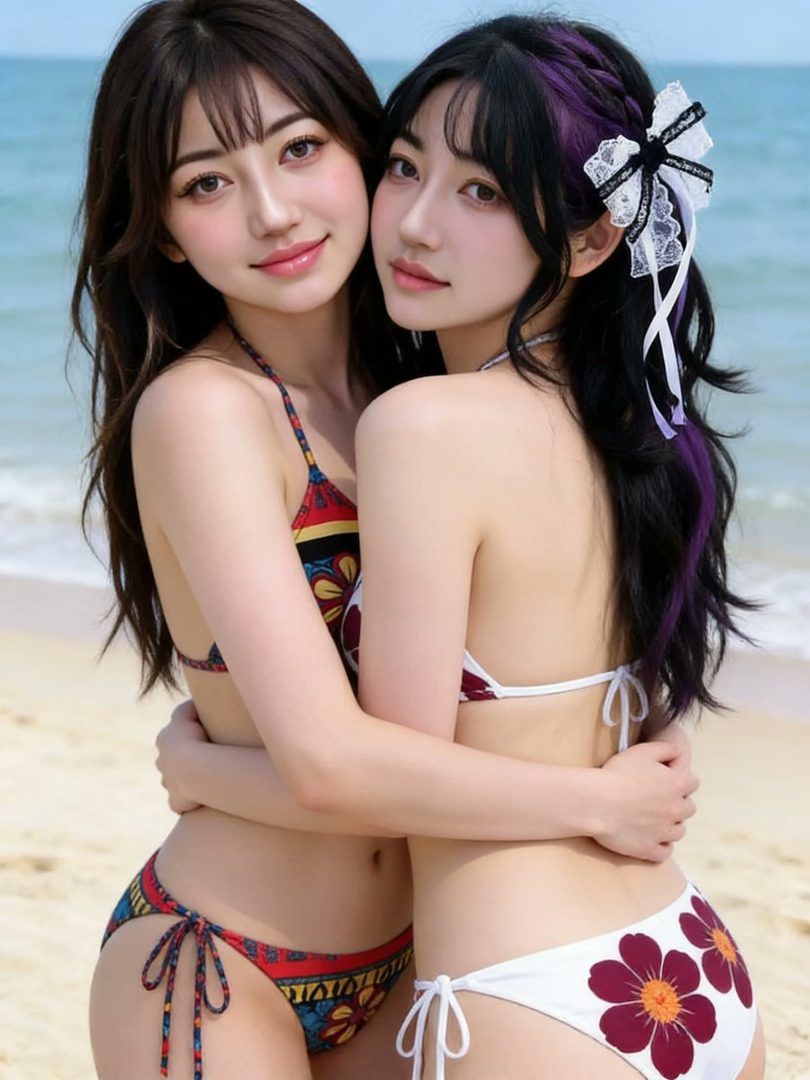 Two young women in bikinis embrace on a sunny beach, smiling at the camera.