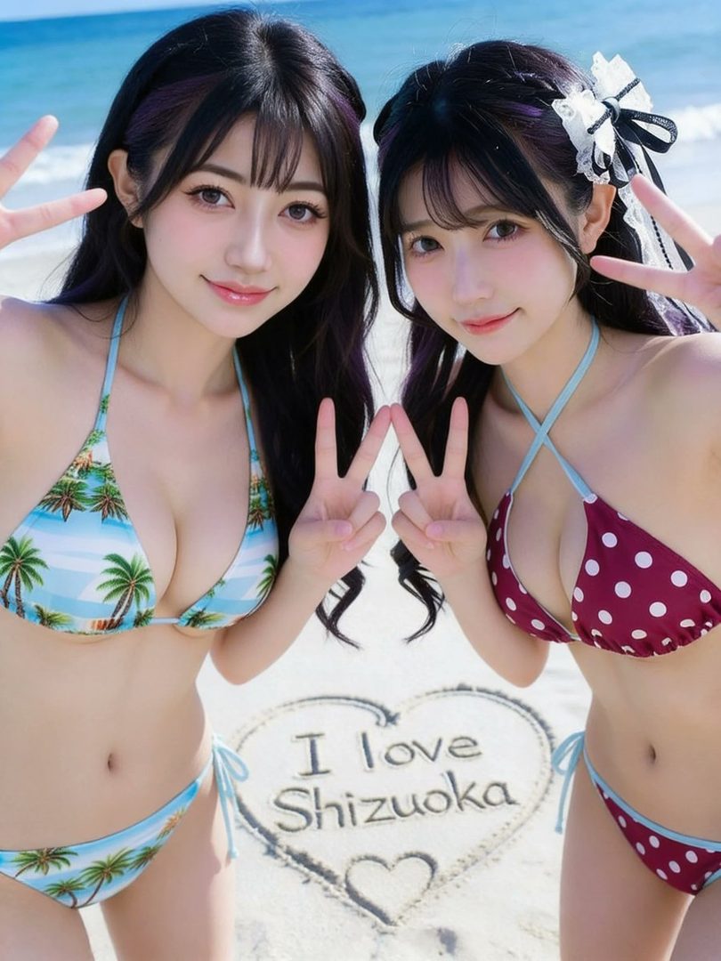 Two young women in bikinis pose on a beach with 'I love Shizuoka' written in the sand.