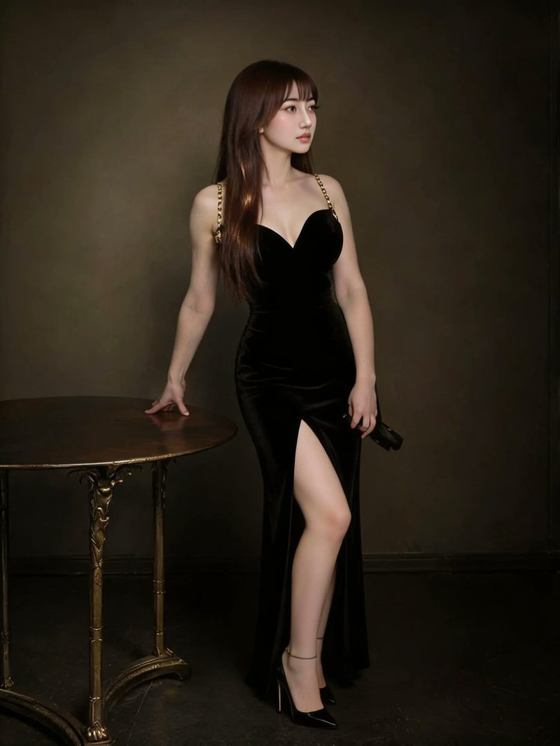 A woman in a black velvet dress with a high slit stands next to a small ornate table in a studio setting.