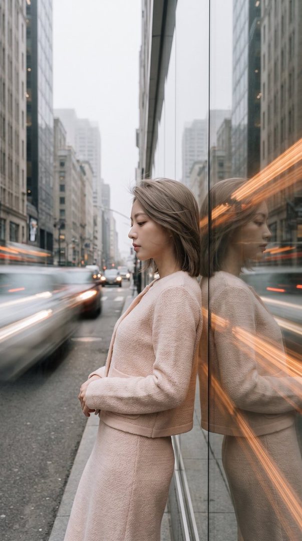 A woman with short blonde hair in a pink outfit stands calmly against a glass building on a city street with blurred cars passing by.