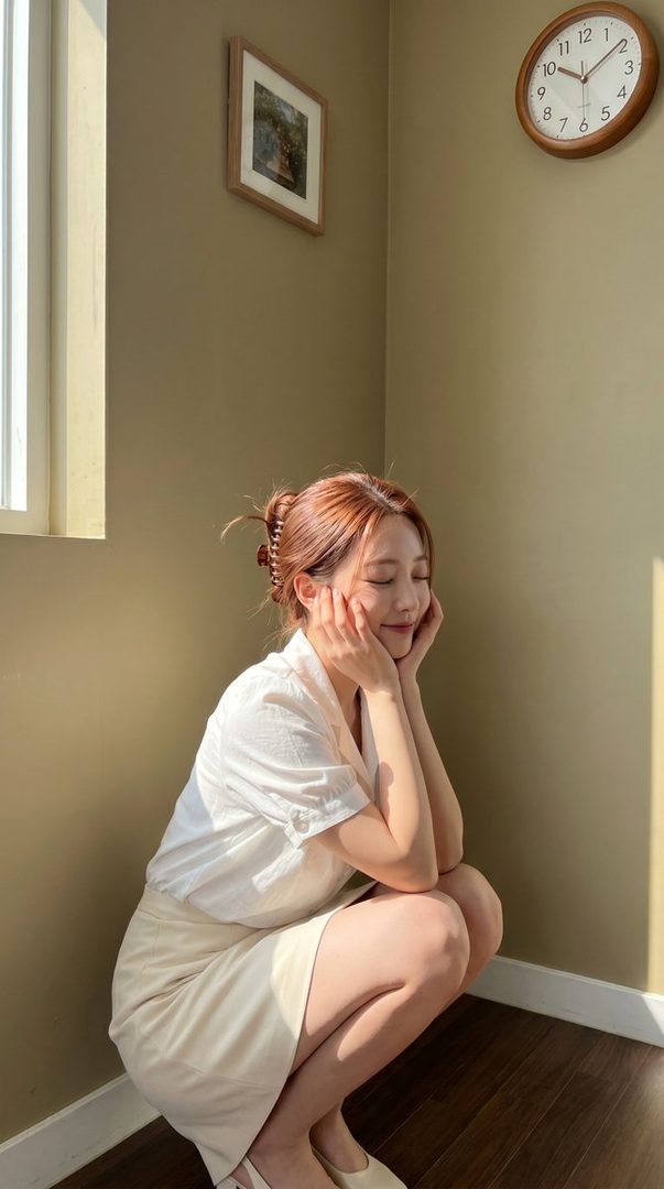 A woman with reddish-brown hair in a white shirt and light skirt crouches indoors, bathed in warm sunlight.