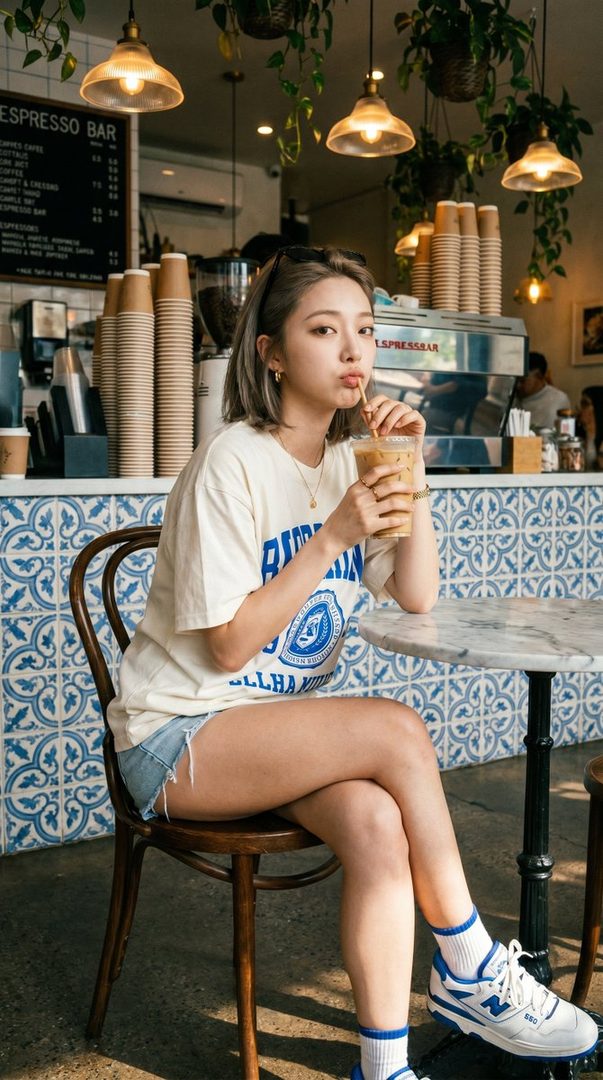 A young woman with silver hair sips an iced coffee in a cafe with blue and white tiled walls.