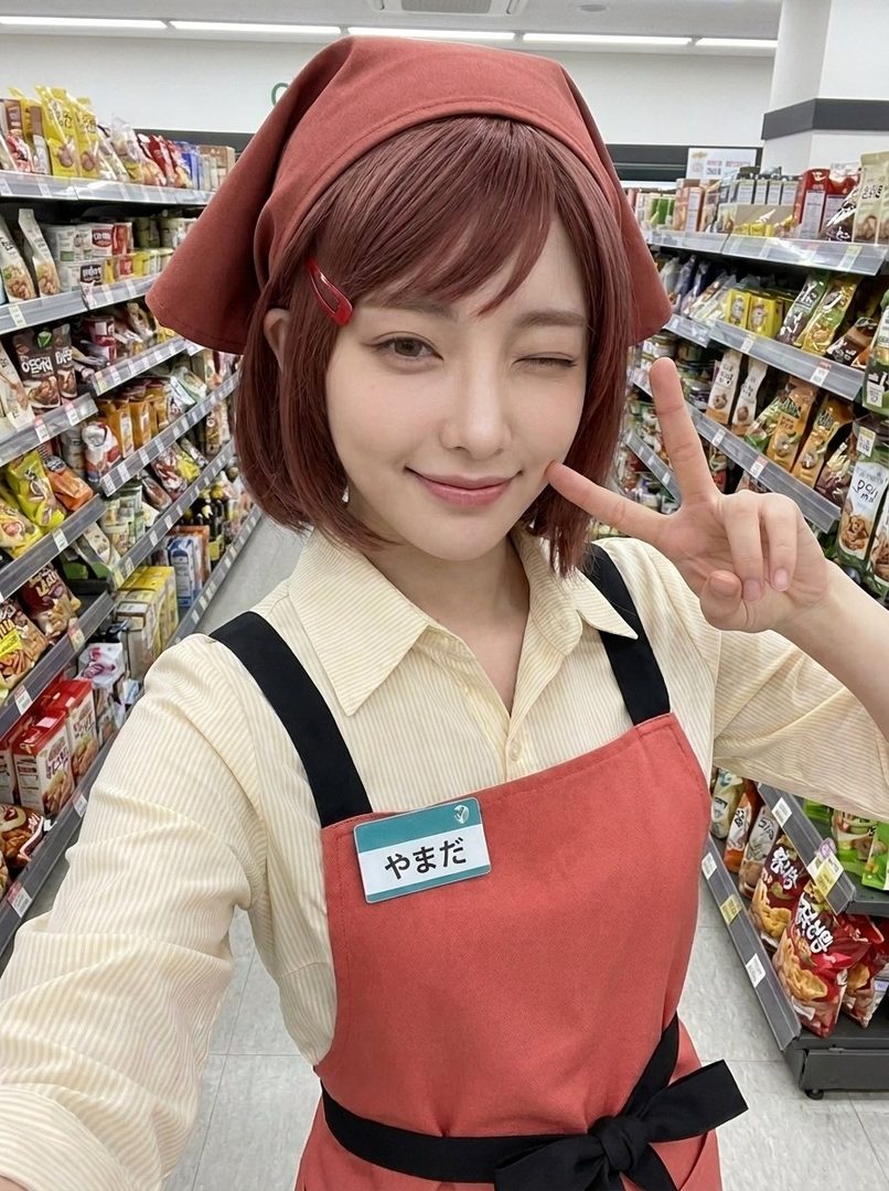 A woman with short brown hair, wearing a red bandana and apron, winks and makes a peace sign in a supermarket aisle.