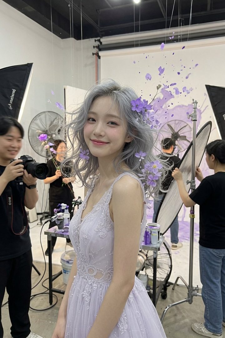 A woman with silver wavy hair and purple flowers in her hair smiles in a lavender dress in a photo studio with purple paint splatters on the background.