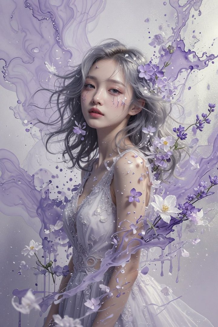 A beautiful woman with silver hair and a white dress, adorned with lavender flowers and purple paint splashes, in an ethereal digital painting.