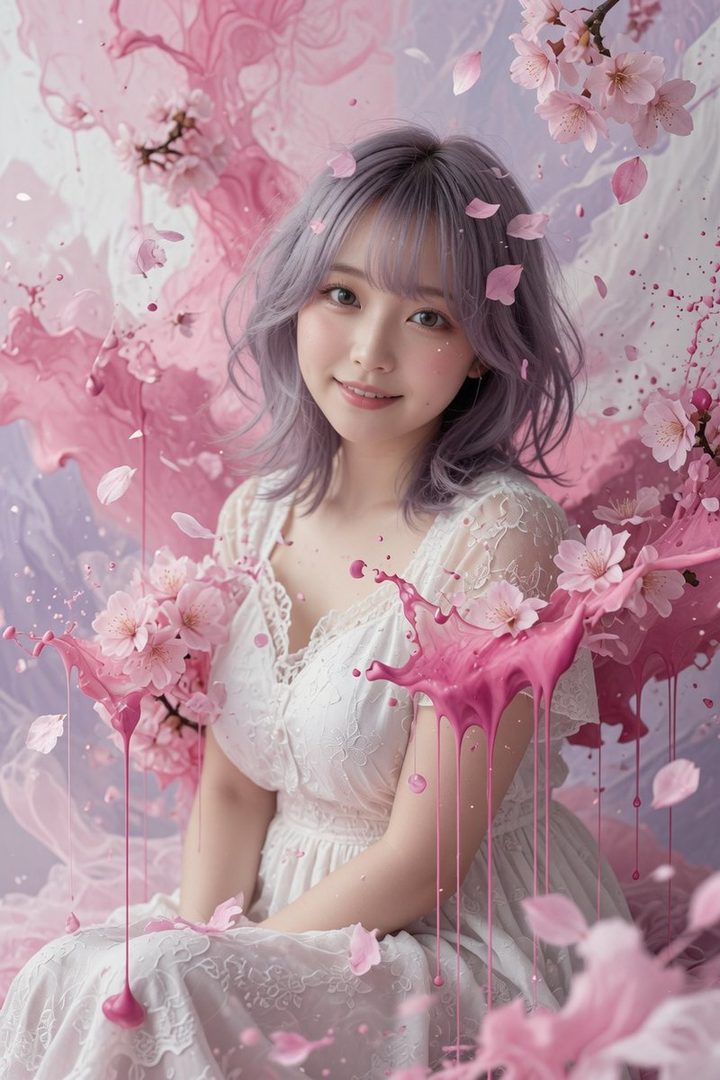 A beautiful woman with lavender hair and a white lace dress smiles gently amidst a fantasy scene of pink cherry blossoms and dripping pink paint.
