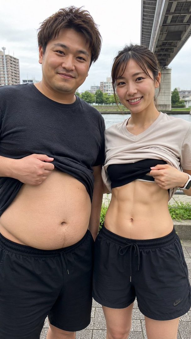 A man and a woman stand side-by-side, lifting their shirts to show their bellies, with the woman displaying toned abs and the man a larger stomach.