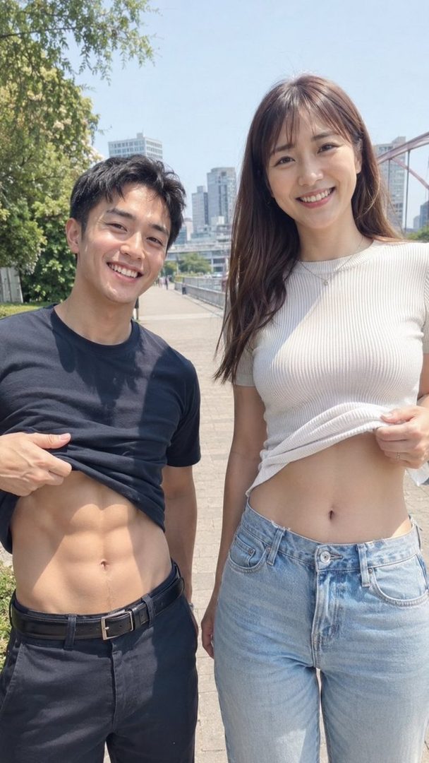A man and a woman smiling and showing their midriffs on a sunny street with a city skyline in the background.