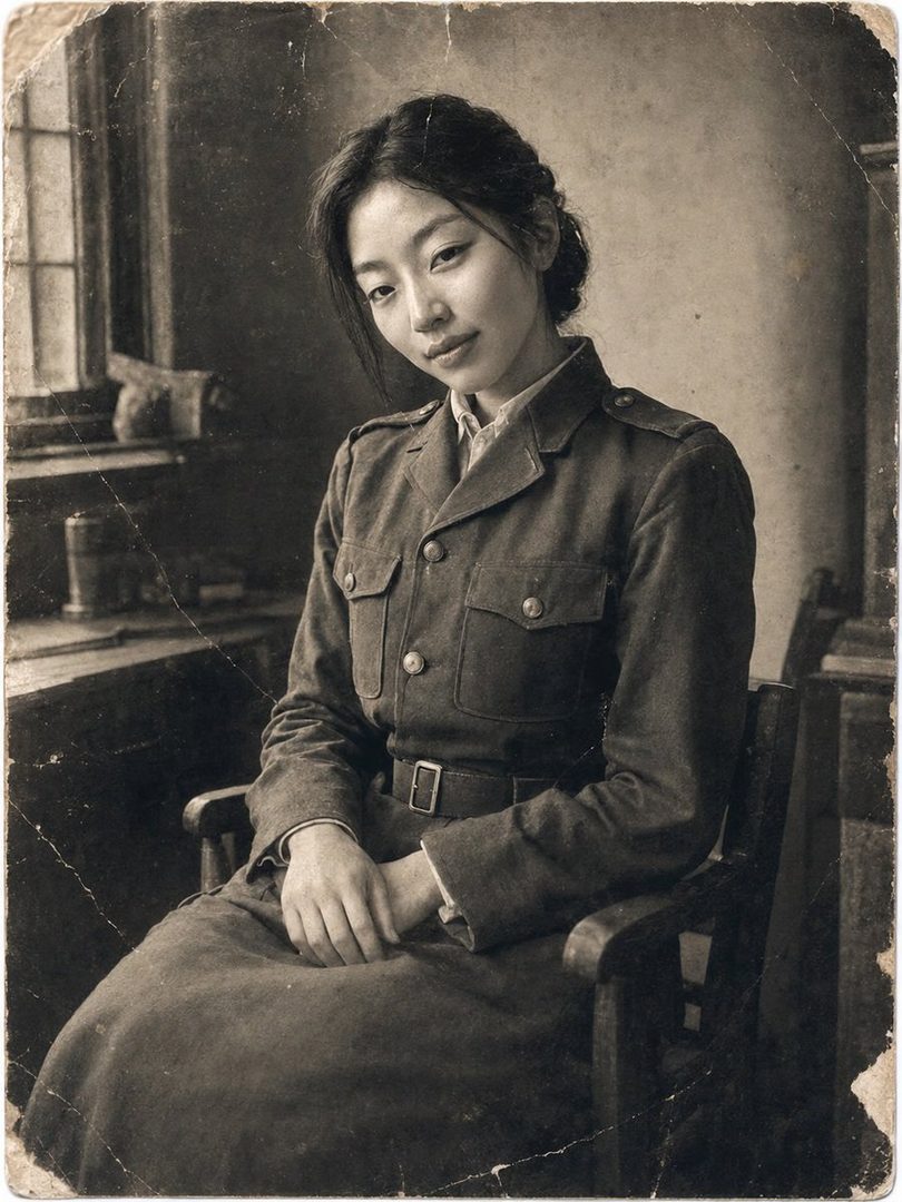 A vintage-style black and white portrait of a young woman with dark hair, wearing a military-style uniform, sitting in a chair by a window.