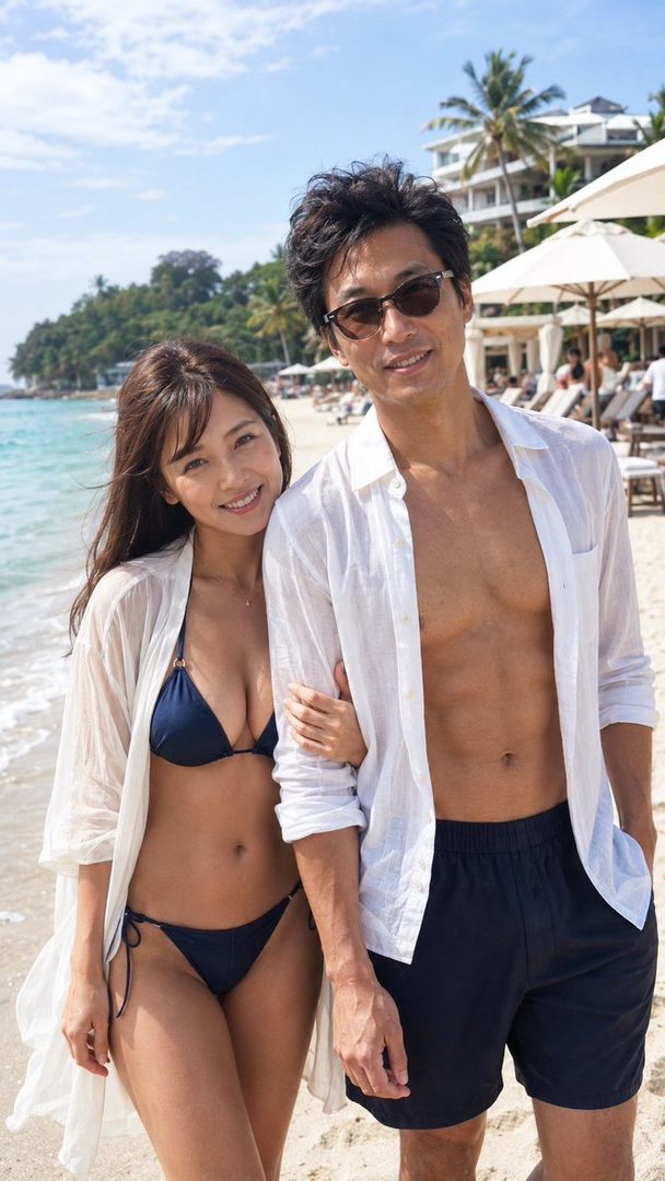 A couple poses on a sunny beach, with the woman in a dark blue bikini and sheer white cover-up, and the man in dark shorts and an open white shirt.
