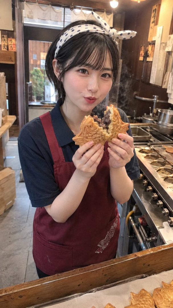 A young woman with short black hair and a polka dot headband holds a freshly baked taiyaki in a shop.