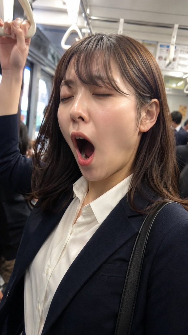A young woman with brown hair and bangs, wearing a white shirt and dark blazer, yawns widely while standing on a train.