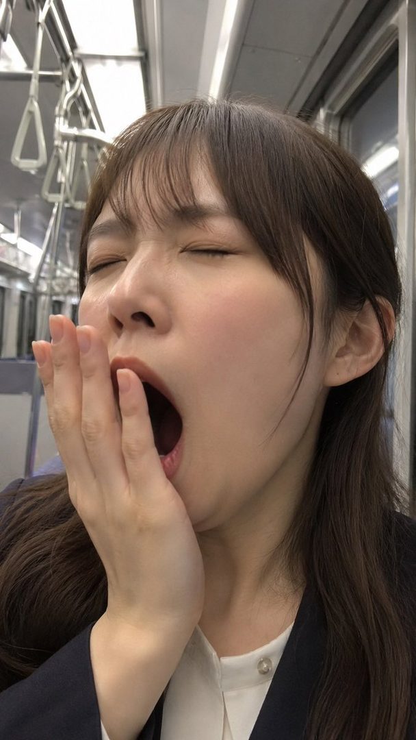 A young woman with brown hair and bangs yawns widely, covering her mouth with her hand, while riding a train.
