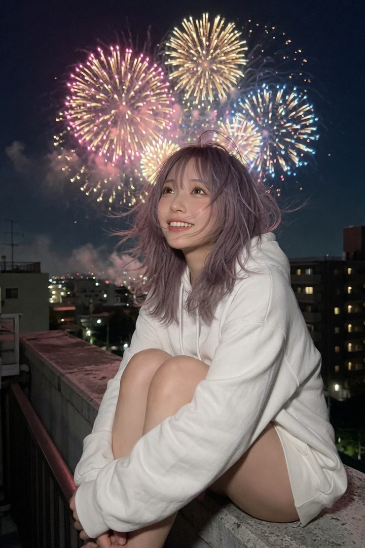 A young woman with lavender hair smiles while sitting on a rooftop, watching fireworks light up the night sky over a city.