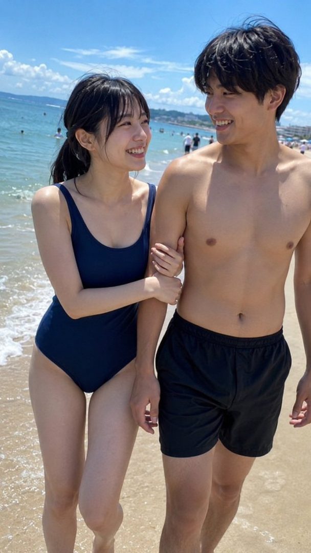 A smiling couple in swimwear walks along a sunny beach with the ocean in the background.