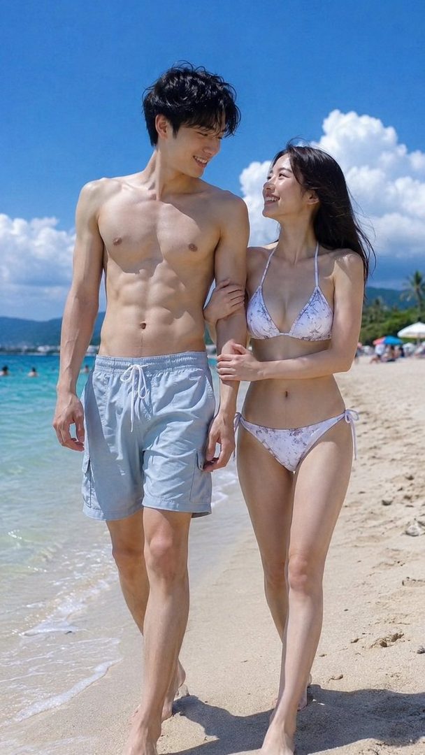 A young couple walks along a sunny beach, with the woman in a white bikini and the man in swim shorts.