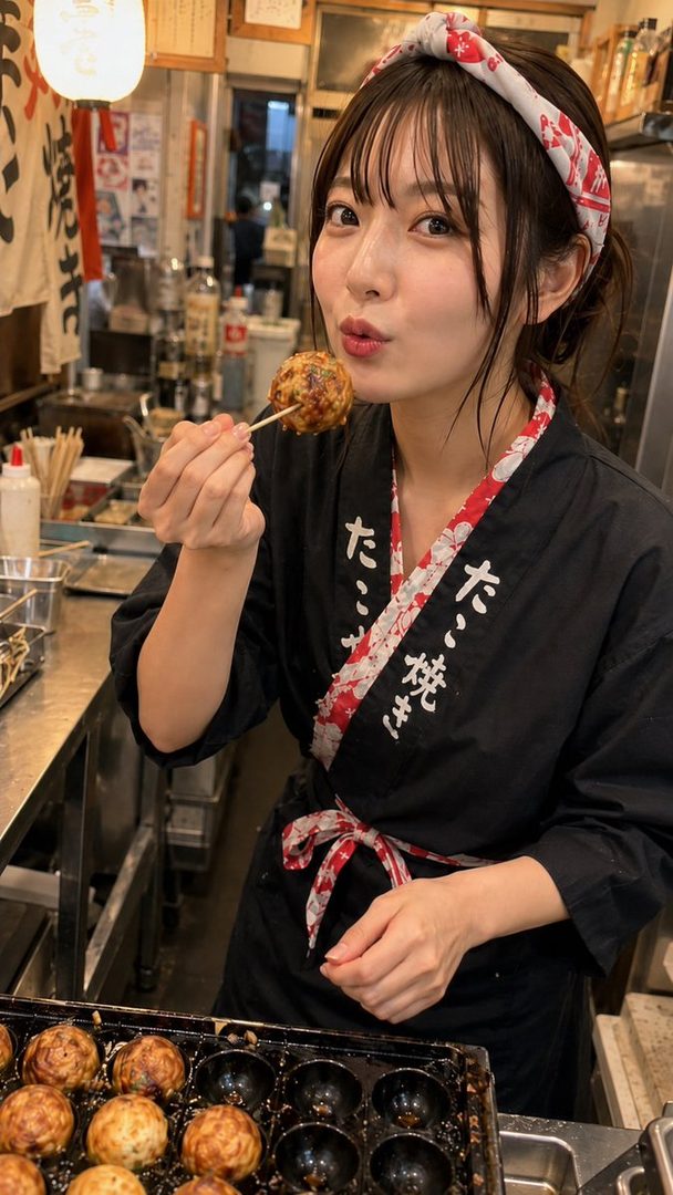 A young woman in a traditional Japanese outfit is holding a takoyaki on a stick, with a takoyaki pan in the foreground.