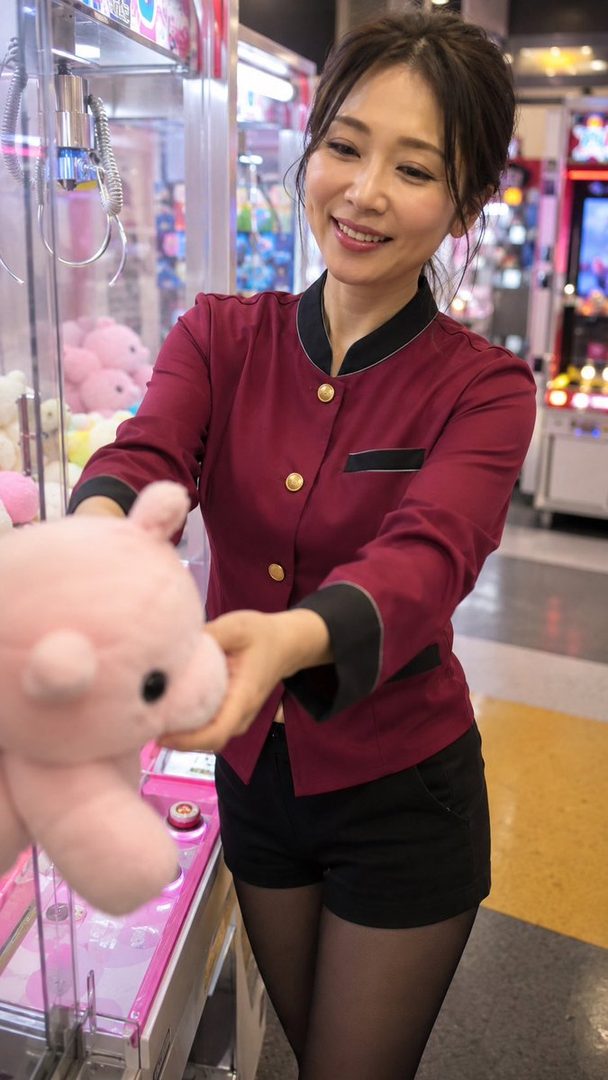 A smiling woman in a red uniform shirt and black shorts holds a pink plush toy in an arcade.