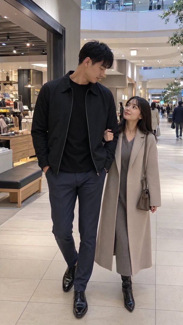 A tall man and a shorter woman walk arm-in-arm through a brightly lit indoor shopping mall.