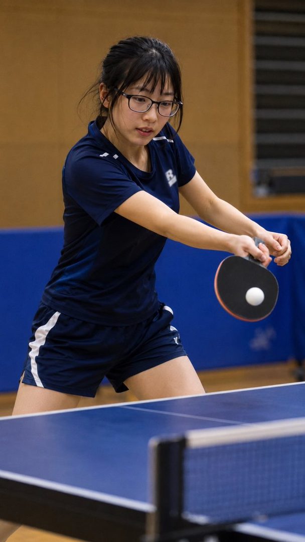 A young woman with black hair and glasses plays table tennis indoors, wearing a blue sports shirt and shorts.