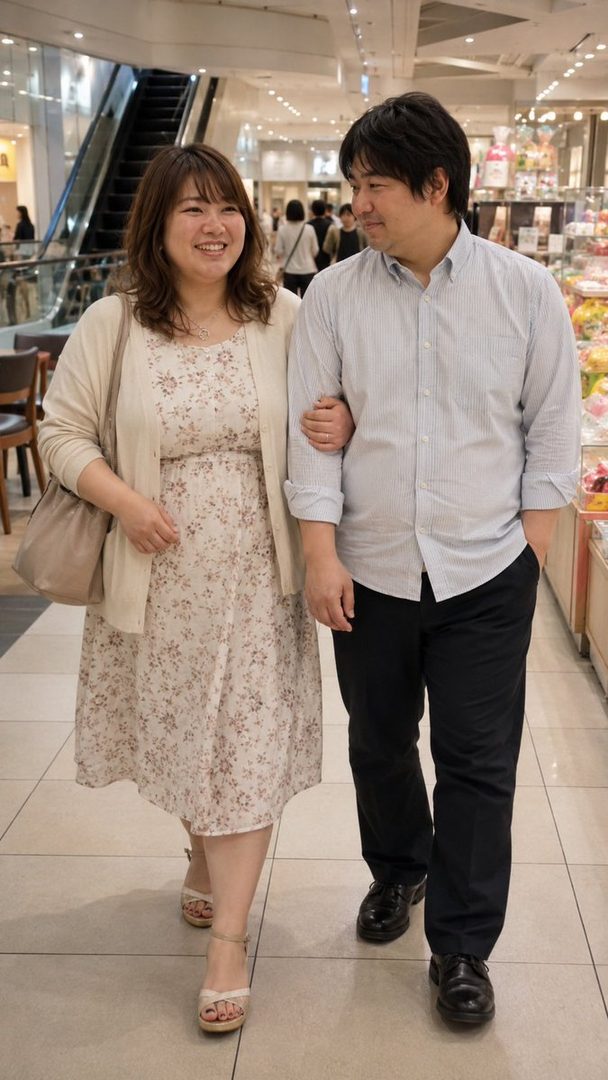 A smiling couple walks arm-in-arm through a brightly lit indoor shopping mall.