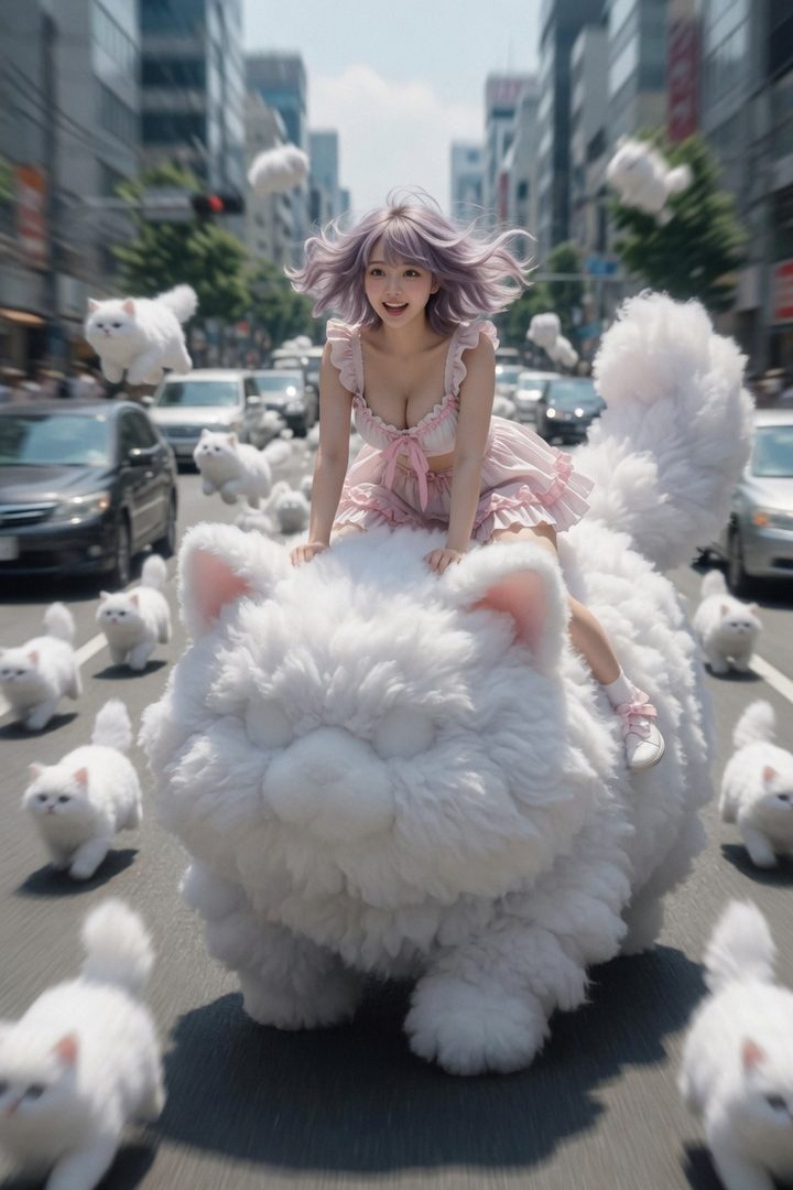 A whimsical image of a woman with lavender hair riding a giant fluffy white cat down a city street, surrounded by many smaller fluffy white cats.