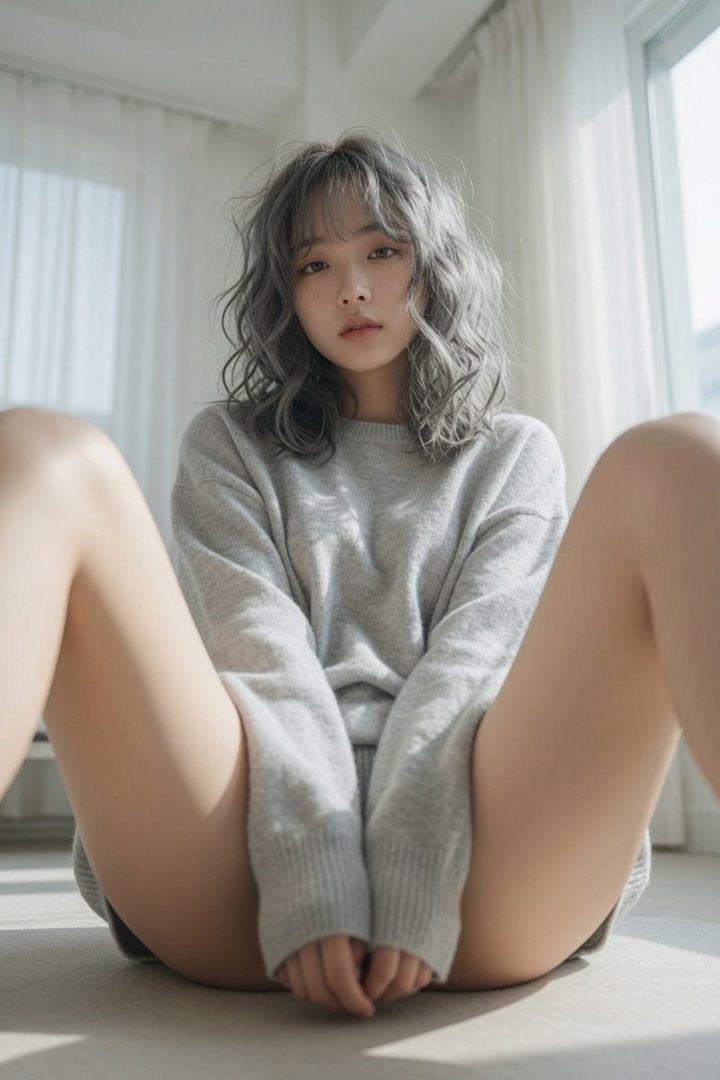 A young woman with grey curly hair sits on the floor wearing an oversized grey sweater, looking directly at the camera.