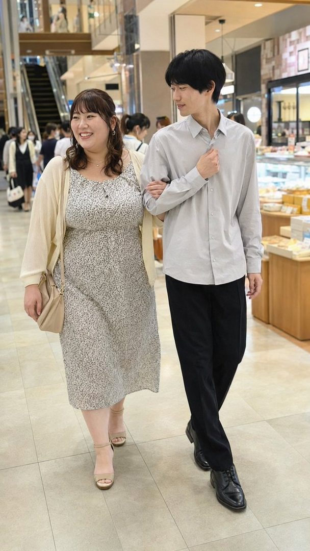 A smiling woman in a floral dress and a man in a light shirt walk arm-in-arm through an indoor shopping mall.