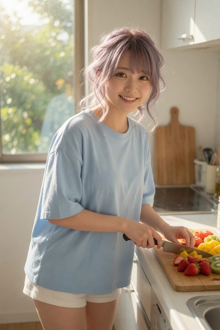 A smiling woman with lavender hair in a light blue t-shirt and white shorts is chopping fruit in a bright kitchen.