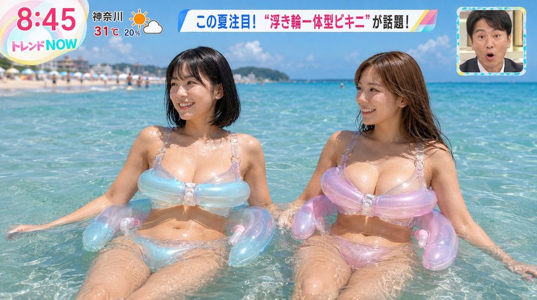 Two young women in inflatable bikinis are smiling and relaxing in the clear blue ocean water on a sunny day.