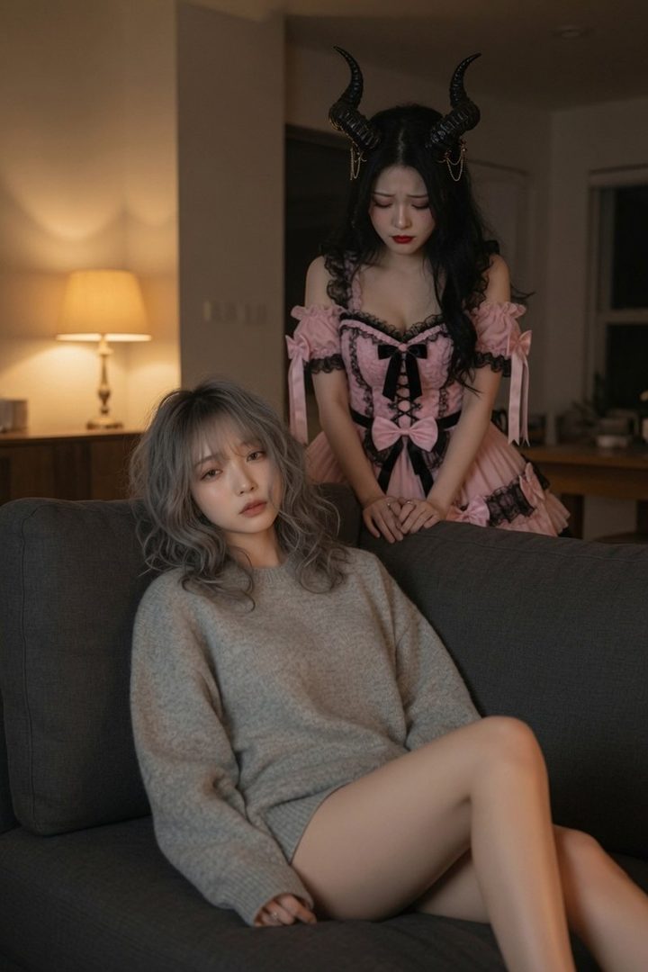 Two women in an indoor setting, one with grey wavy hair wearing an oversized grey sweater, and another with black hair and devil horns wearing a pink gothic dress.