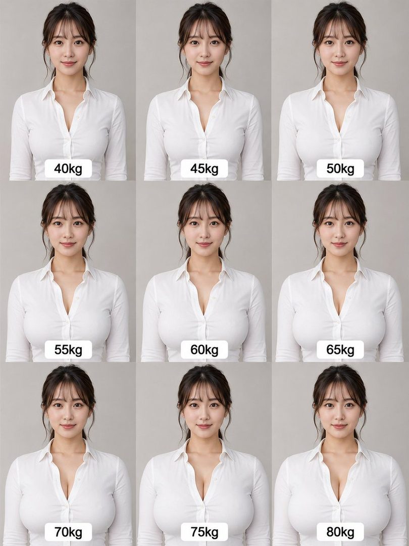 A grid of nine portraits of the same woman in a white blouse, showing different body weights from 40kg to 80kg.