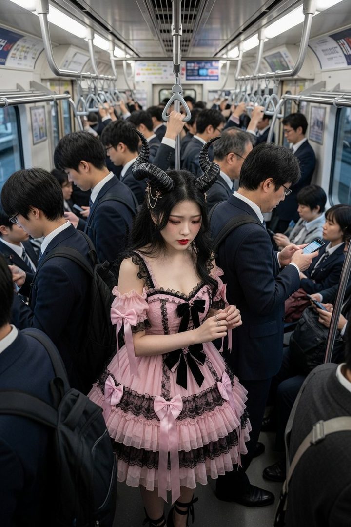 A woman with black devil horns and a pink and black lolita dress stands out in a crowded subway car filled with people in business suits.